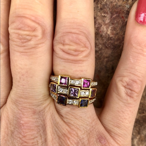 18K Vermeil over SS multi Gem stackable rings - Picture 2 of 8